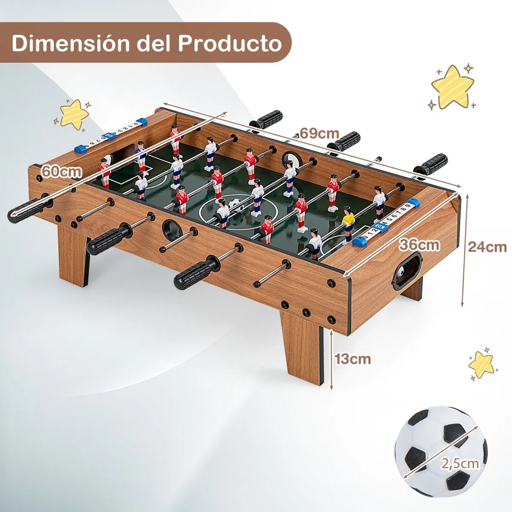 Mesa de matraquilhos crianças com pegas, 2 bolas de futebol, Placar 69 x 36 x 24 cm Natural