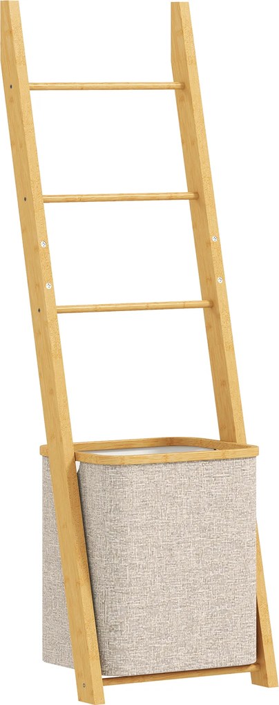 Estante para Casa de Banho de Bambu com 3 Barras e Cesto para Roupa Suja Removível de 48 L 43x35x133 cm Creme e Madeira