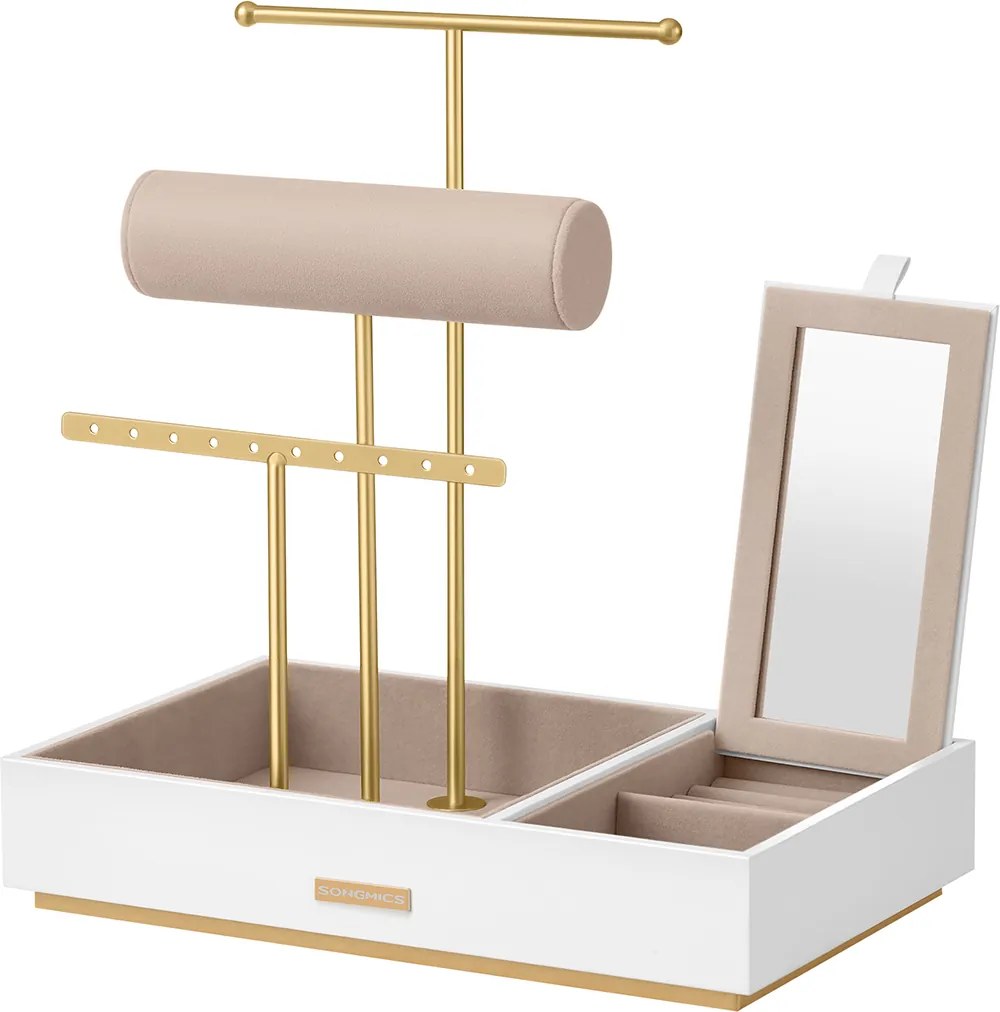 Suporte para joias com espelho 17 x 27 x 29 cm – ideia para presente, dourado e branco