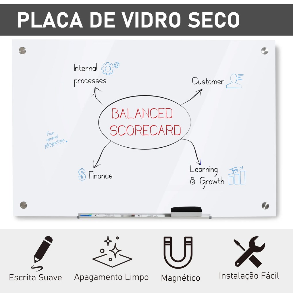 Placa de vidro magnético com bandeja Inclui 4 marcadores e borracha 90x60x0,45 cm Branco