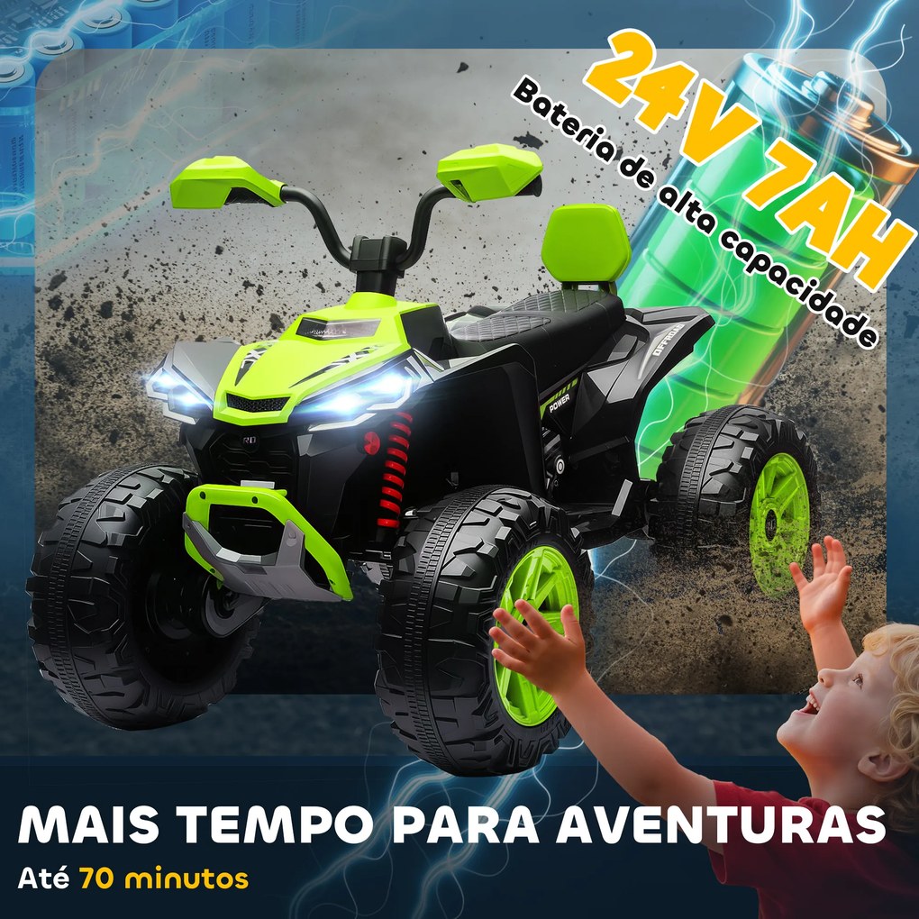 Moto 4 Elétrica para Crianças 24V com 2 Lugares 2 Motores Velocidade até 6,5 km/h Faróis Buzina Música e USB 109x68,5x76 cm Verde