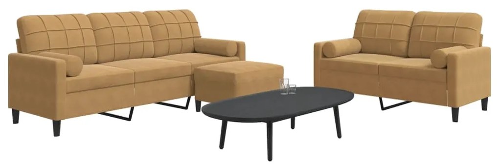 3 pcs conjunto de sofás com almofadões e rolos veludo castanho