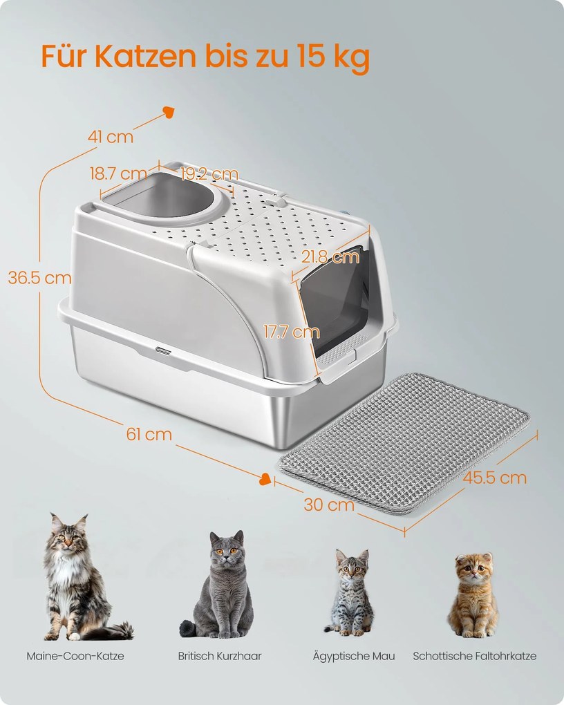 Caixa de areia gatos XL em aço inoxidável com tampa 61 x 40 x 36,5 cm, para gatos até 15 kg cinzento claro