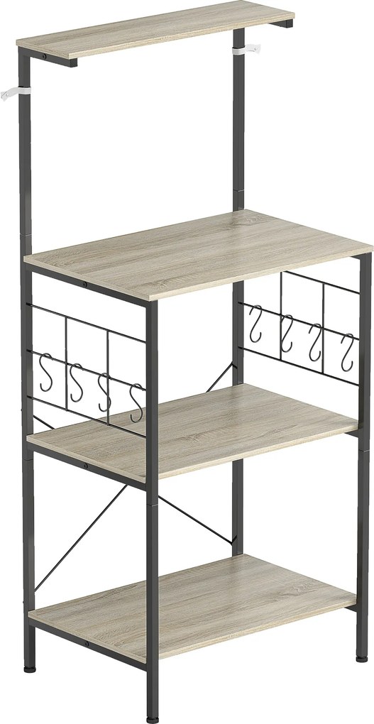 HOMCOM Estante de cozinha, suporte para micro-ondas, com painel gradeado, 8 ganchos, 60 x 42 x 134,5 cm, carvalho | Aosom Portugal