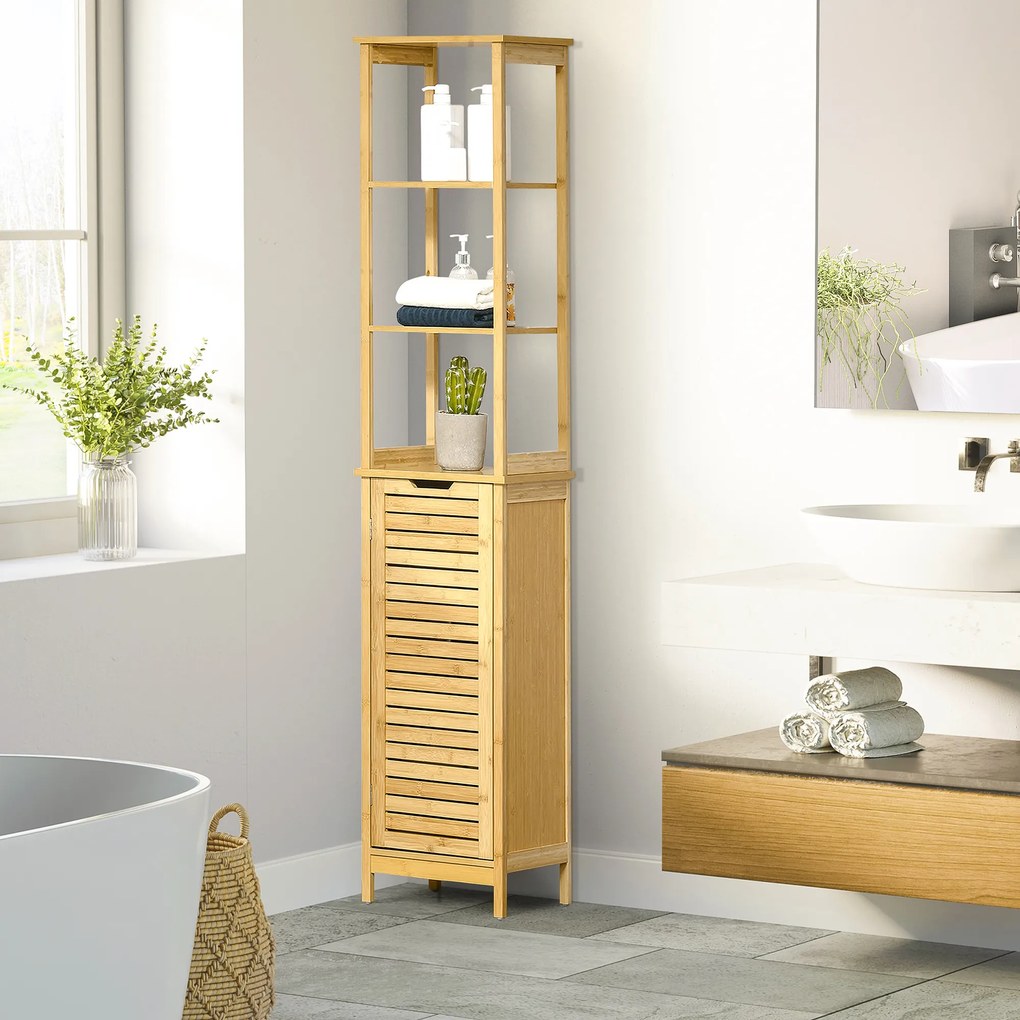 kleankin Coluna Casa de Banho de Bambú Coluna Alta para Casa de Banho com 3 Prateleiras e 1 Porta Móvel de Armazenamento para Sala de Estar Cozinha 34x30x173cm Natural