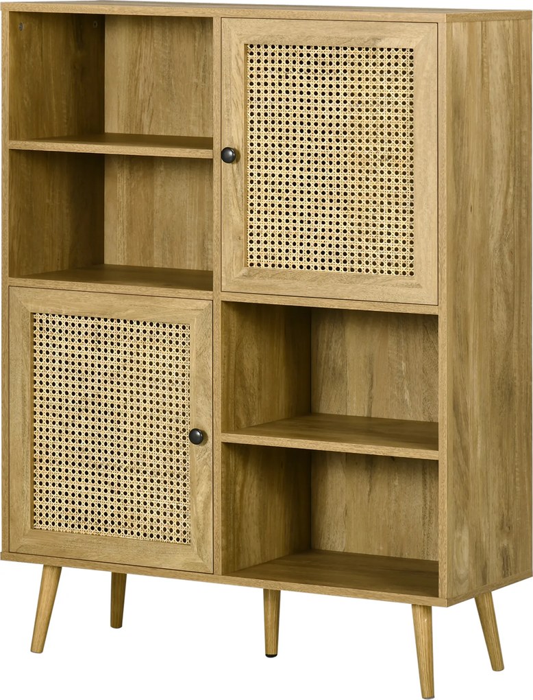 Aparador com armário alto com acabamento em imitação de madeira e design em vime, com 2 portas - dim. 90 x 32,5 x 120 cm