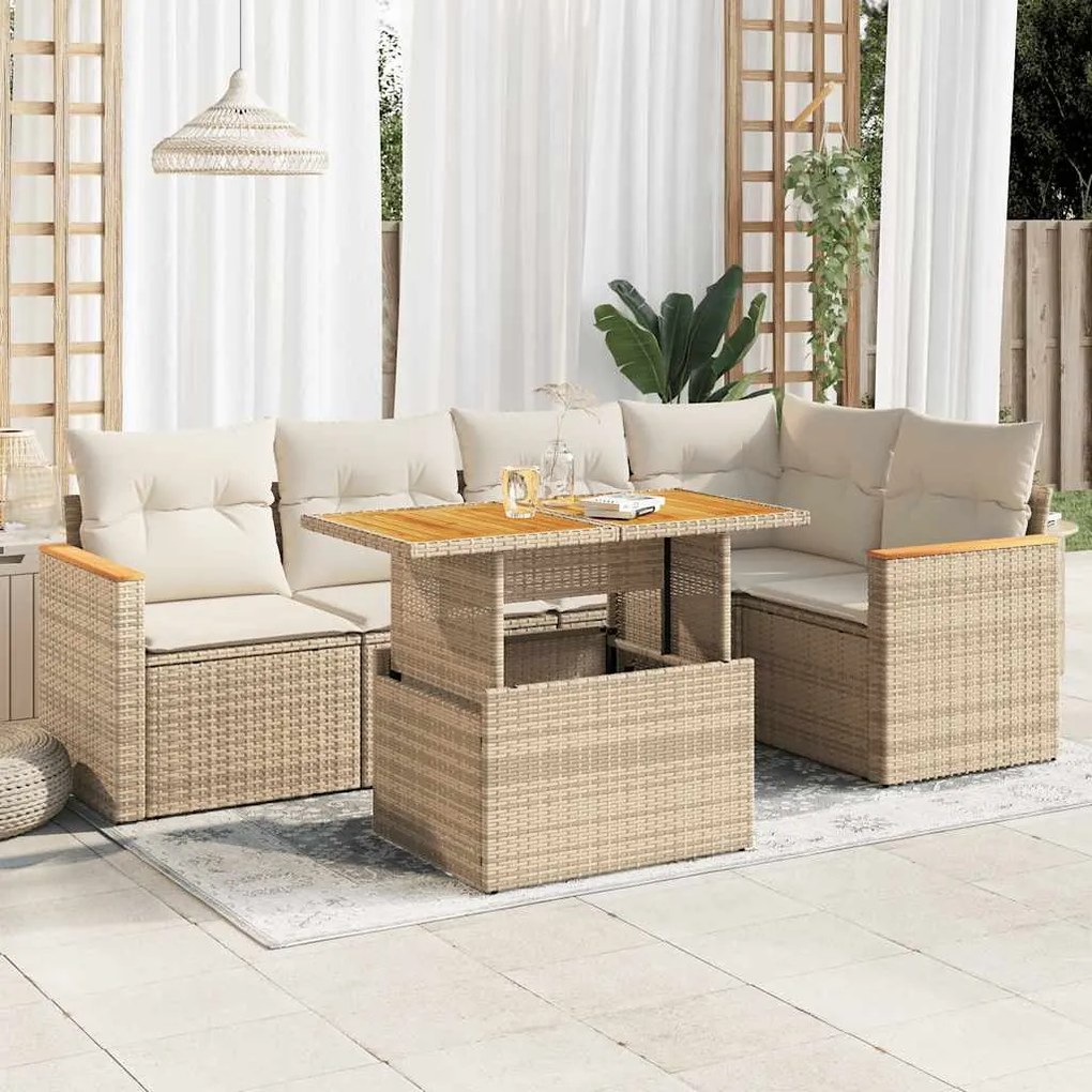 vidaXL 6 pcs conjunto sofás jardim com almofadões vime PE/acácia bege