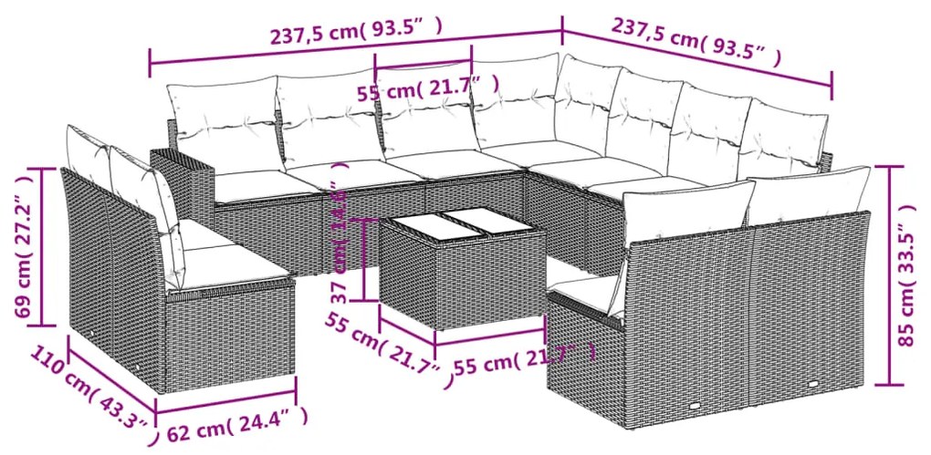 12 pcs conjunto de sofás jardim com almofadões vime PE castanho