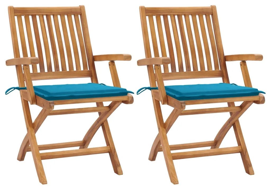 vidaXL Cadeiras de jardim c/ almofadões azuis 2 pcs teca maciça