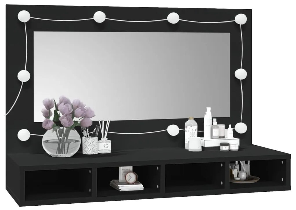 Armário espelhado com luzes LED 90x31,5x62 cm preto
