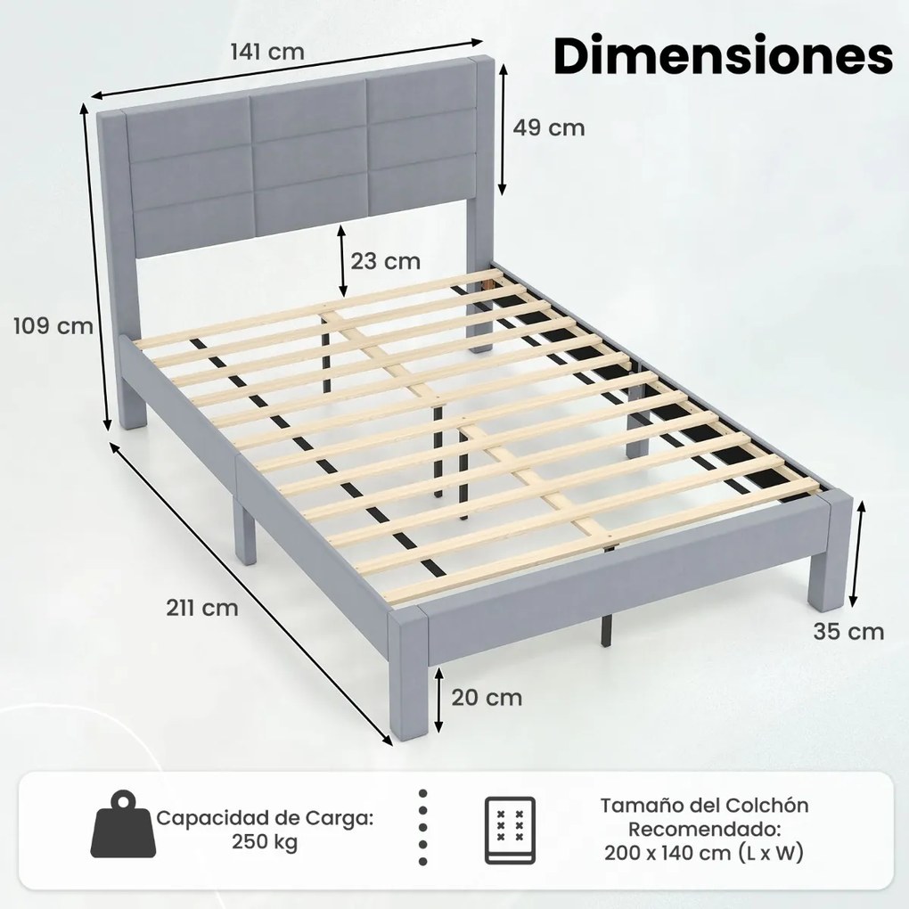 Estrutura de cama 211 x 141 x 109 cm com cabeceira acolchoada (COLCHÃO NÃO INCLUIDO), estrado de ripas de madeira cinza