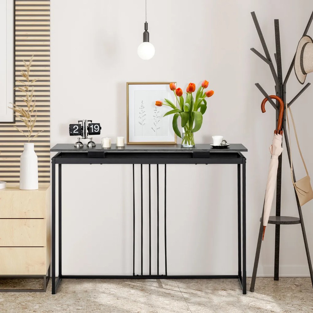 Mesa consola de imitação de mármore Estrutura de aço Mesa de entrada moderna Corredor Sala de estar Corredor 120 x 30 x 90 cm Preto
