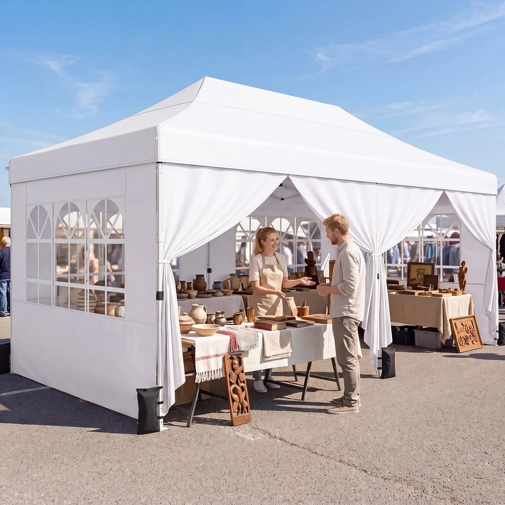 Tenda de Jardim Dobrável com 6 pesos, 600 x 300 x 310 cm, 4 Paredes Laterais Removíveis, Branco