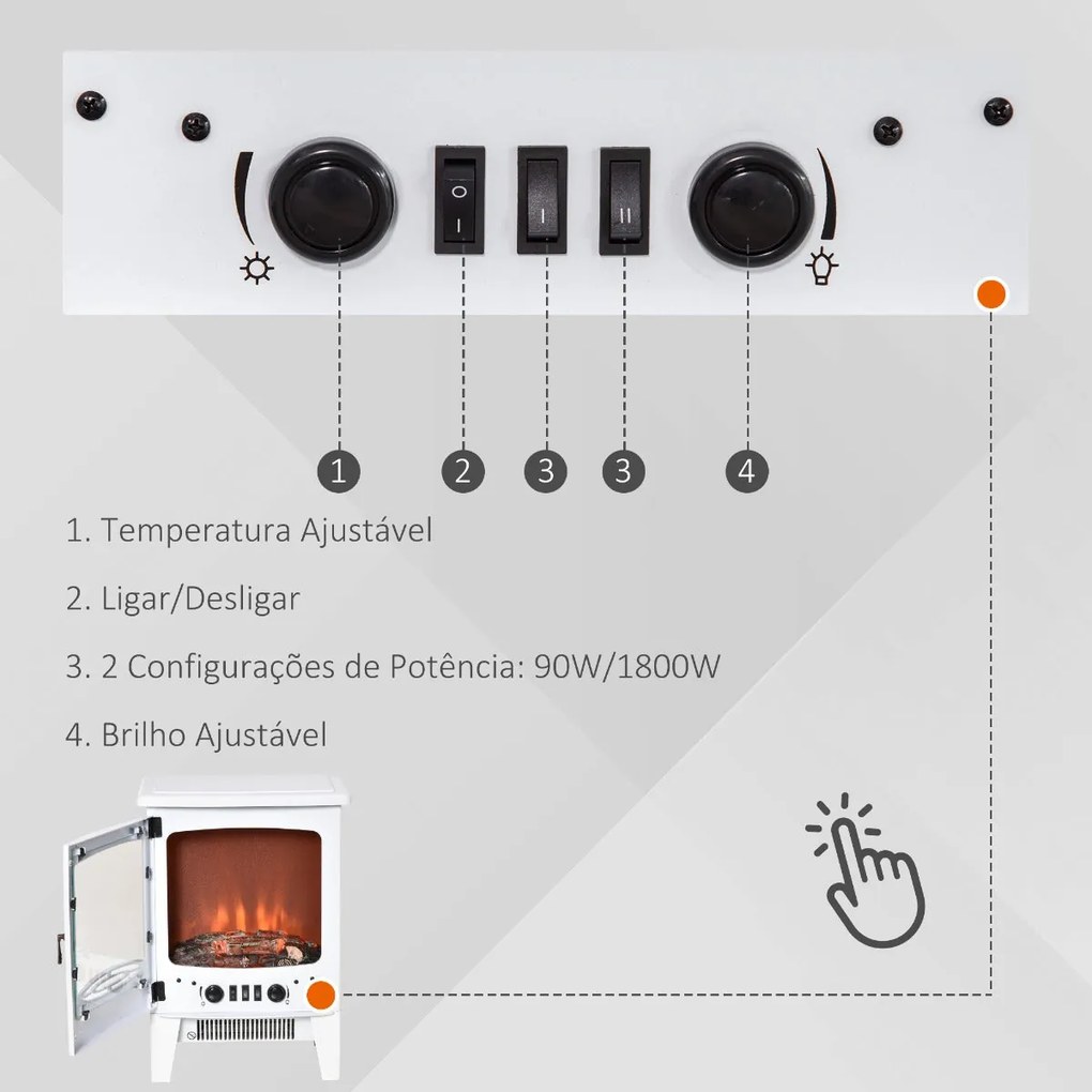 Lareira Elétrica Branca Portátil de Aquecimento com Temperatura Ajustá