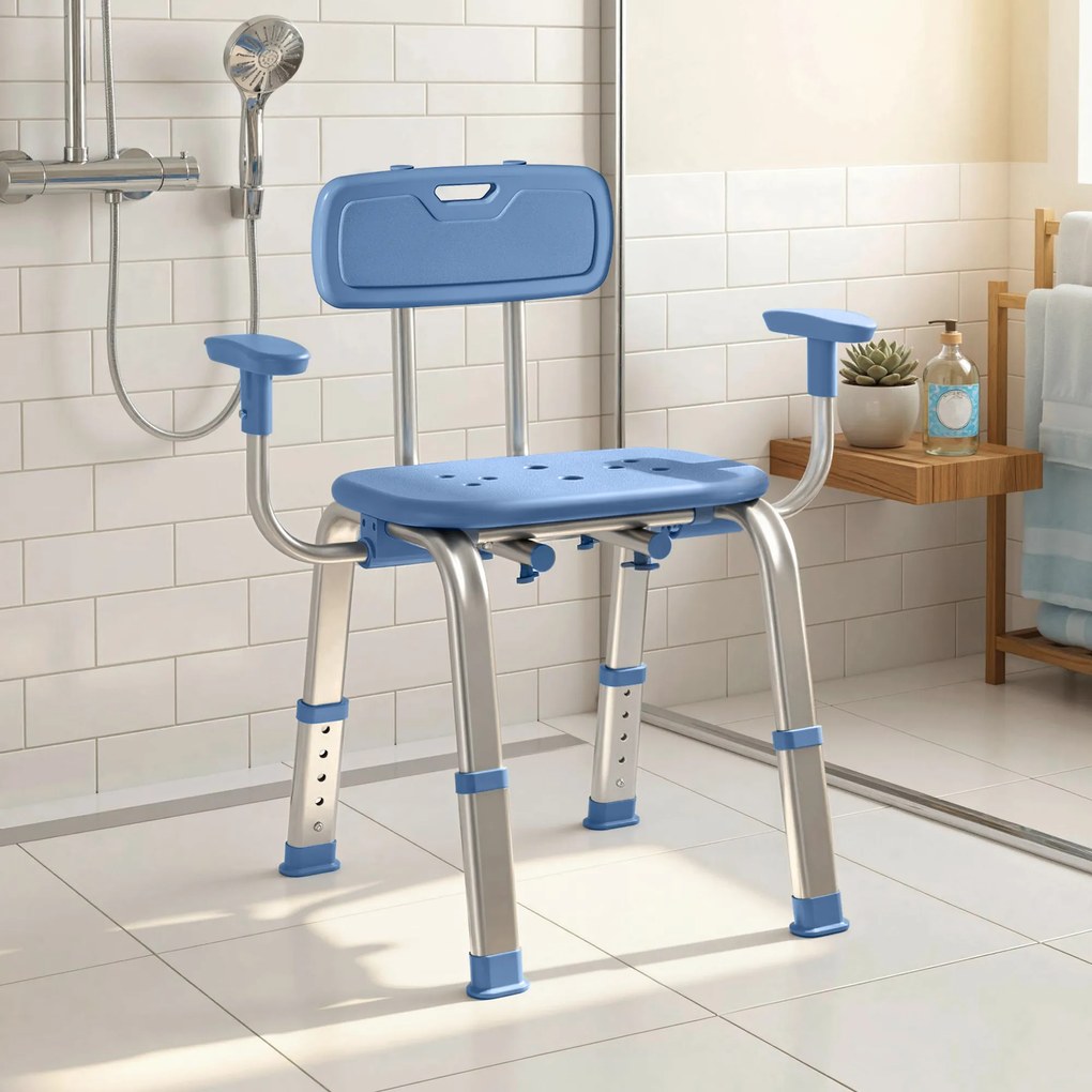 Banco de duche ergonómico com apoios de braços 60-70 (L) x 52 (P) x 62-72 (A) cm, encosto, altura e assento ajustáveis, azul