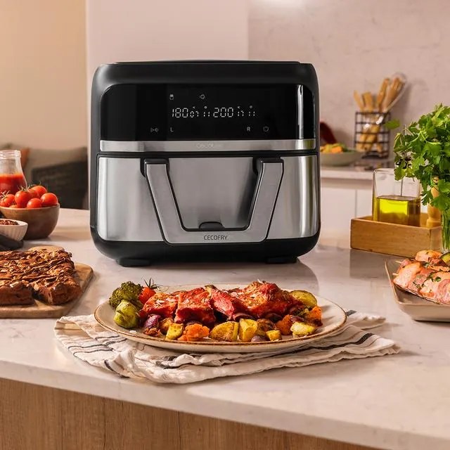 Fritadeira sem óleo Cecotec com capacidade de 9 L Cecofry Dual 9000 Airfryer dietética digital e compacta, com dupla temperatura, tecnologia PerfectCo