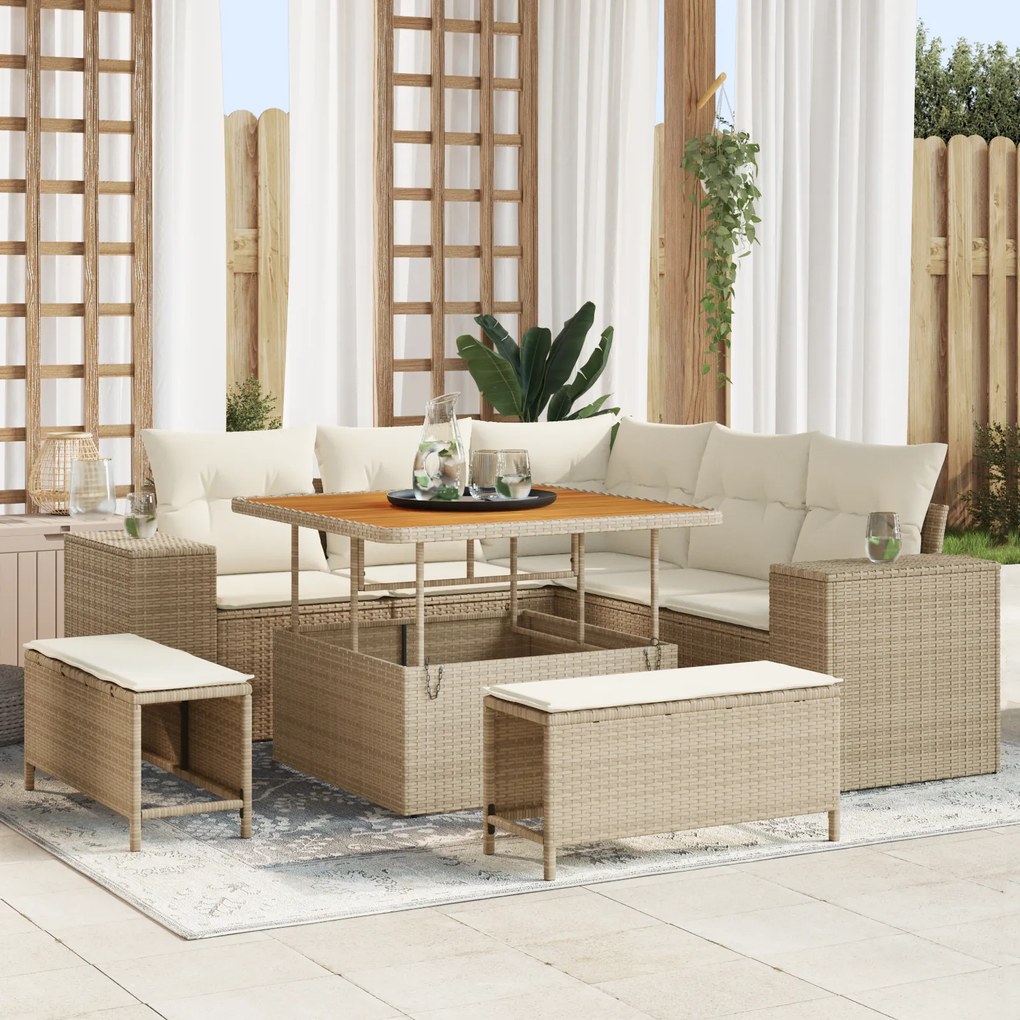Conjunto de Sofá de Jardim de 8 Peças com Almofadas Bege Rattan Acácia