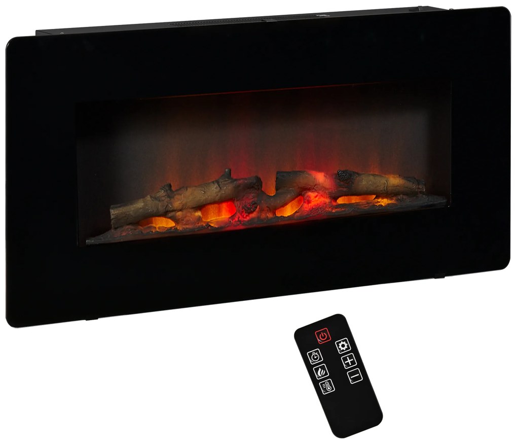 HOMCOM Lareira Elétrica de Parede 1800-2000W com Controle Remoto Simulação de Chama com Brilho Regulável Termostato e Temporizador para Salas de 30m² 91,4x11x44cm Preto