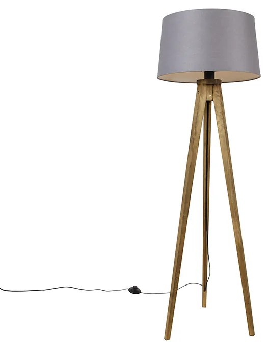Candeeiro de pé rústico vintage em madeira com abajur em linho cinzento escuro 45 cm - Tripod Classic Rústico