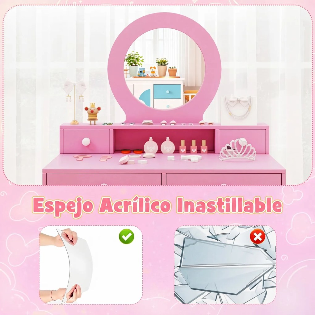 Conjunto de Toucador Infantil de Princesa com Cadeira, 70 x 40 x 110 cm, Espelho Inquebrável, Rosa