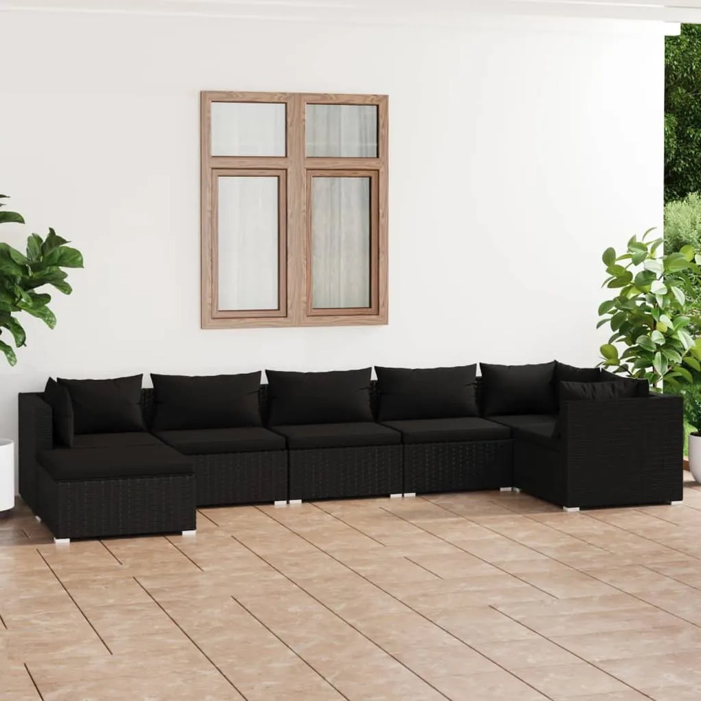 vidaXL 7 pcs conjunto lounge de jardim c/ almofadões vime PE preto