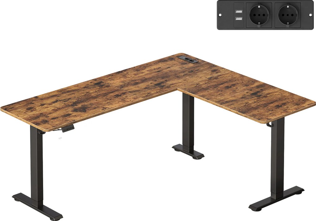 Secretária de canto em forma de L, secretária com altura ajustável, 190 x 155 x (72-120) cm castanho
