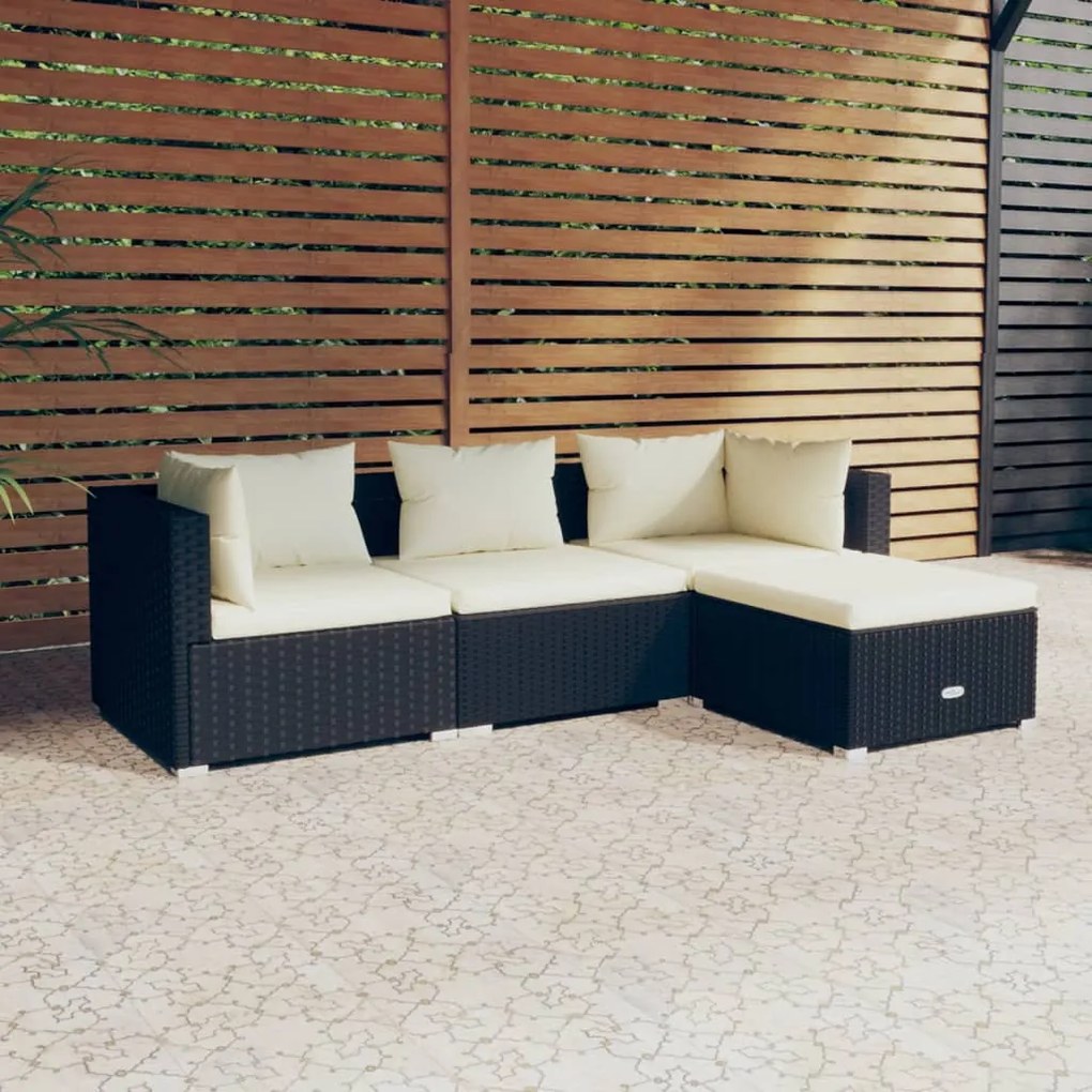 4 pcs conjunto lounge de jardim c/ almofadões vime PE preto