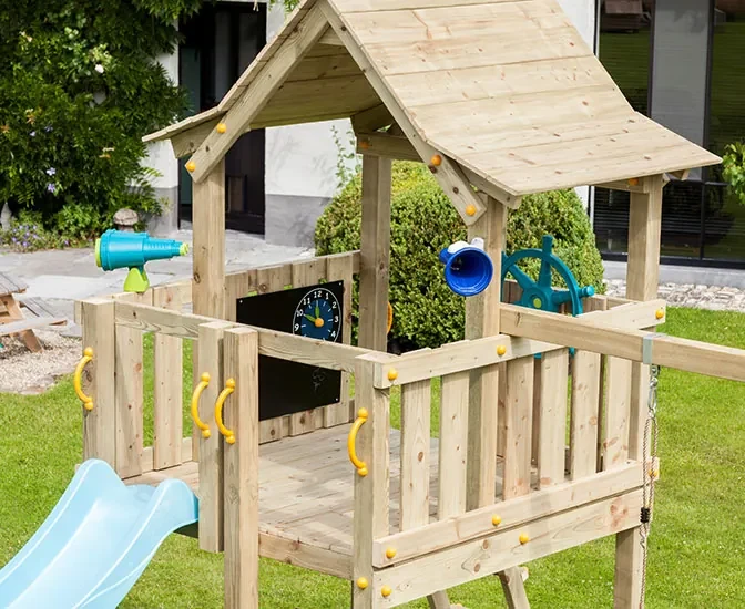 Parque Exterior infantil de madeira com escorrega Torre KIOSK Com Baloiço  Duplo 