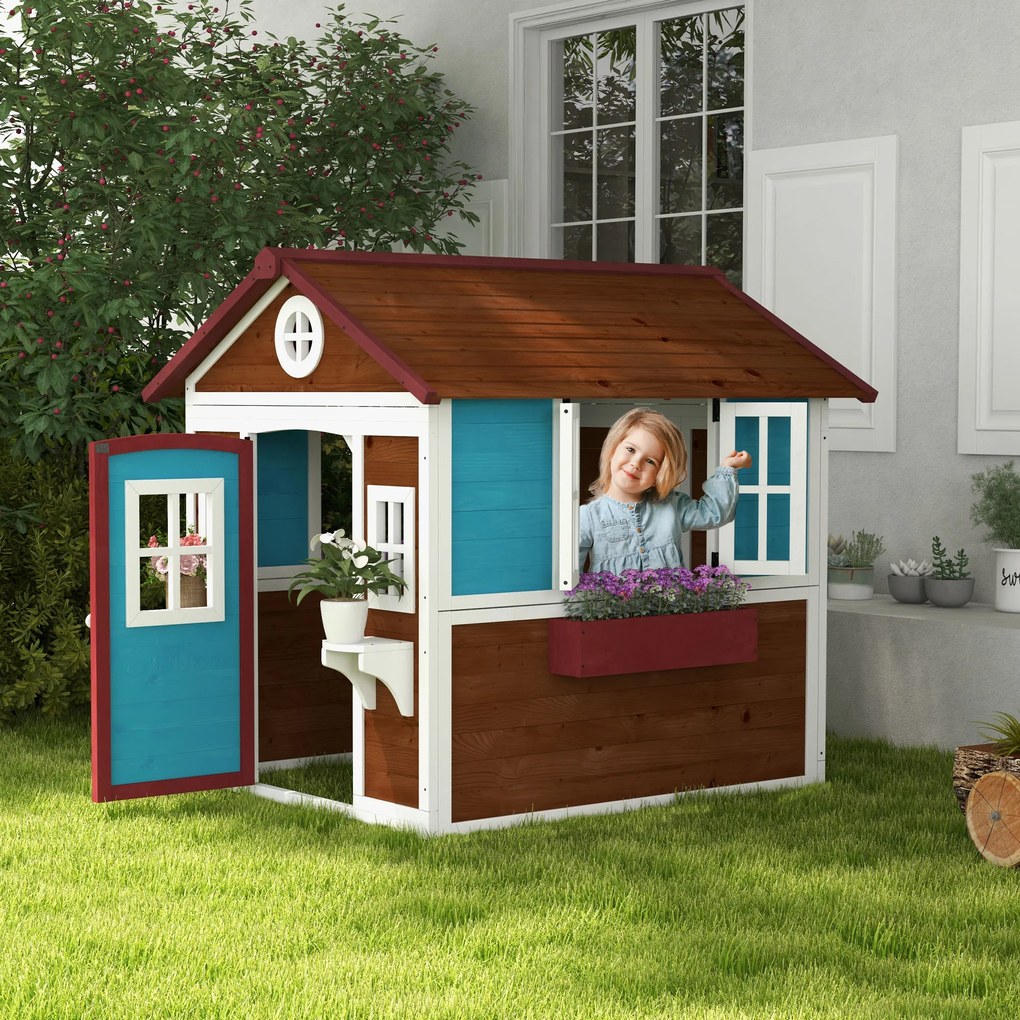 Casa de Brincar Infantil para Jardim Casa de Madeira para Crianças com Porta Janelas e Floreiras 114x127x135 cm Castanho