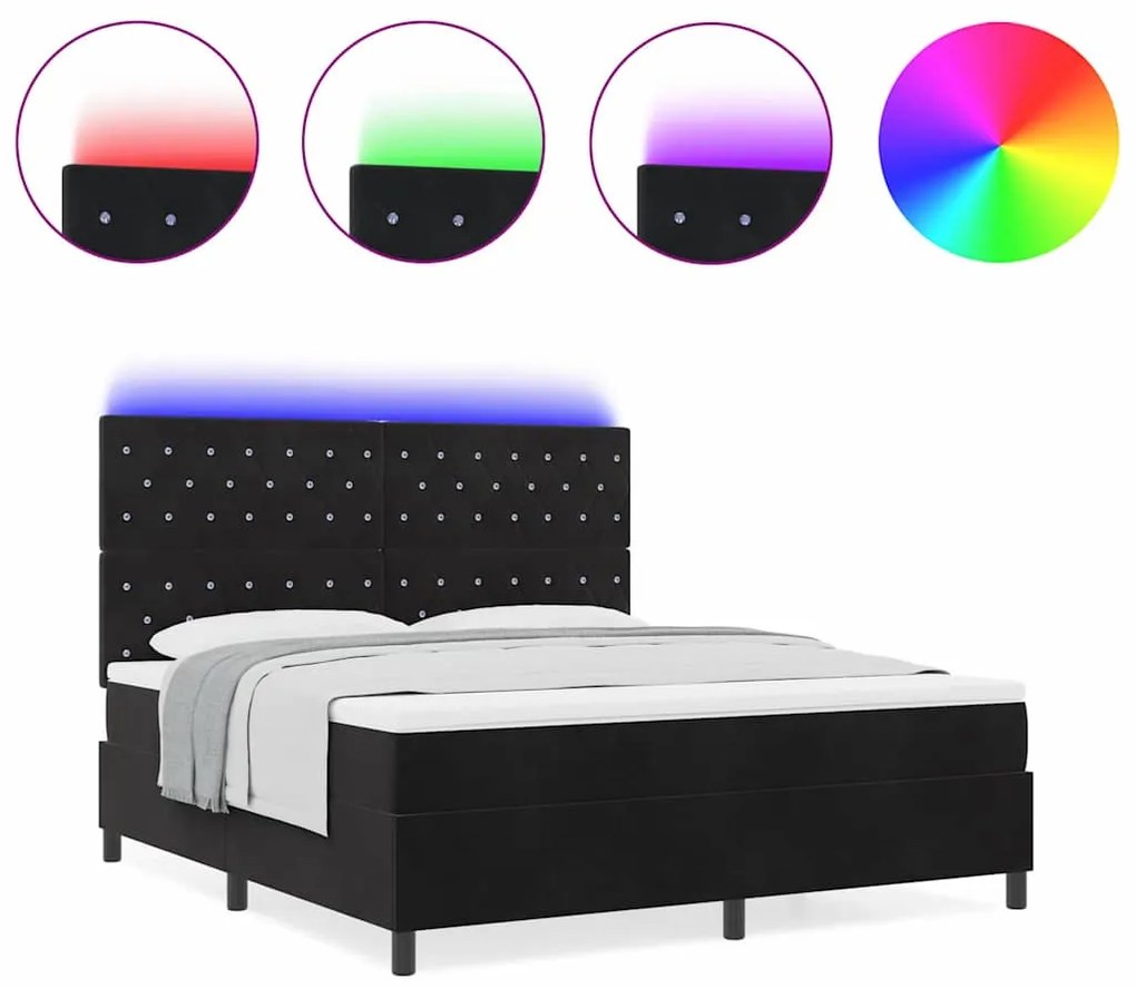 Cama Box Spring com Colchão &amp; LED Preto 180x200 cm Veludo