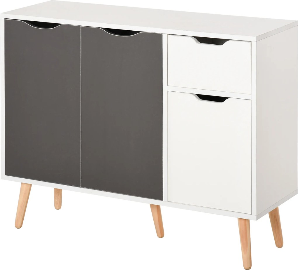 Aparador Móvel Auxiliar de Armazenamento com 2 Armários de Porta Gaveta Pés de Madeira 90x30x72 cm Cinza e Branco