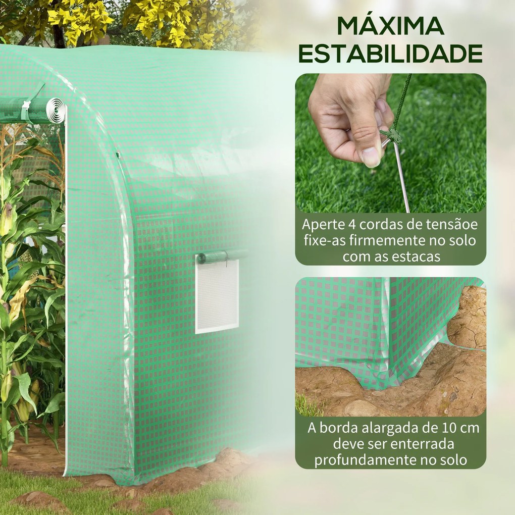 Estufa tipo Túnel 400x200x205 cm Estufa de Jardim com Porta Enrolável e 6 Janelas Cobertura de PE 140 g/m² Verde