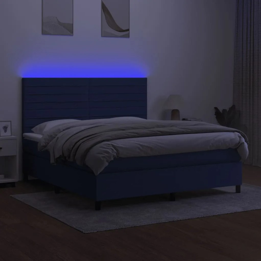 Cama box spring c/ colchão e LED 160x200 cm tecido azul