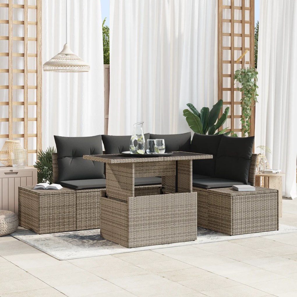 Conjunto de Sofá de Jardim de 5 Peças com Almofadas Cinza em Rattan Si