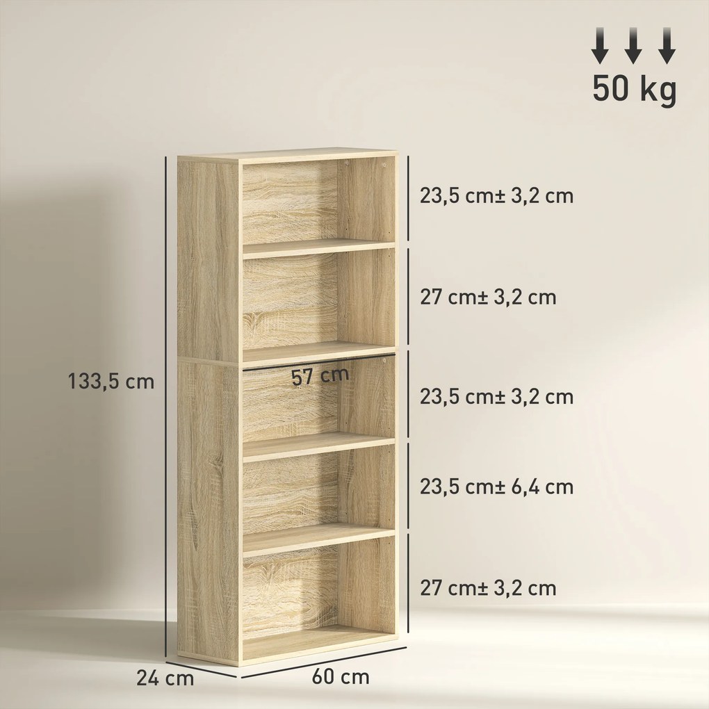 Estante de arrumação 60 x 24 x 133,5 cm com 5 níveis e prateleiras ajustáveis para sala de estar, quarto, escritório, natural