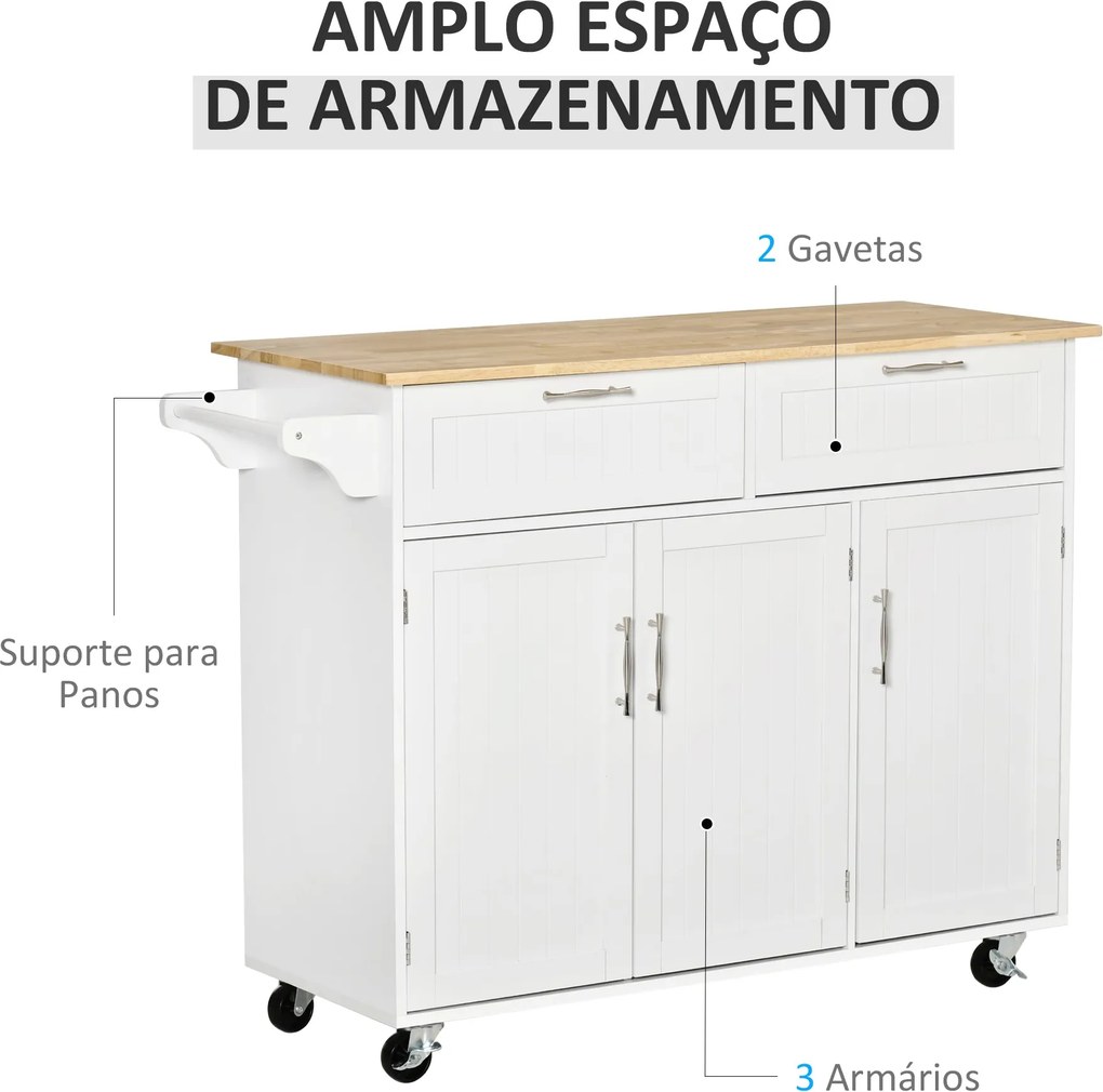 Carrinho/Ilha de Cozinha "Gourmet" com Rodas – 121x46x91 cm – Branco e