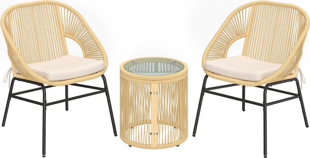 Outsunny Conjunto bistrô de rattan 3 peças, conjunto de móveis de jardim com 2 cadeiras, mesa de vidro, almofadas laváveis, ergonómico | Aosom Portugal
