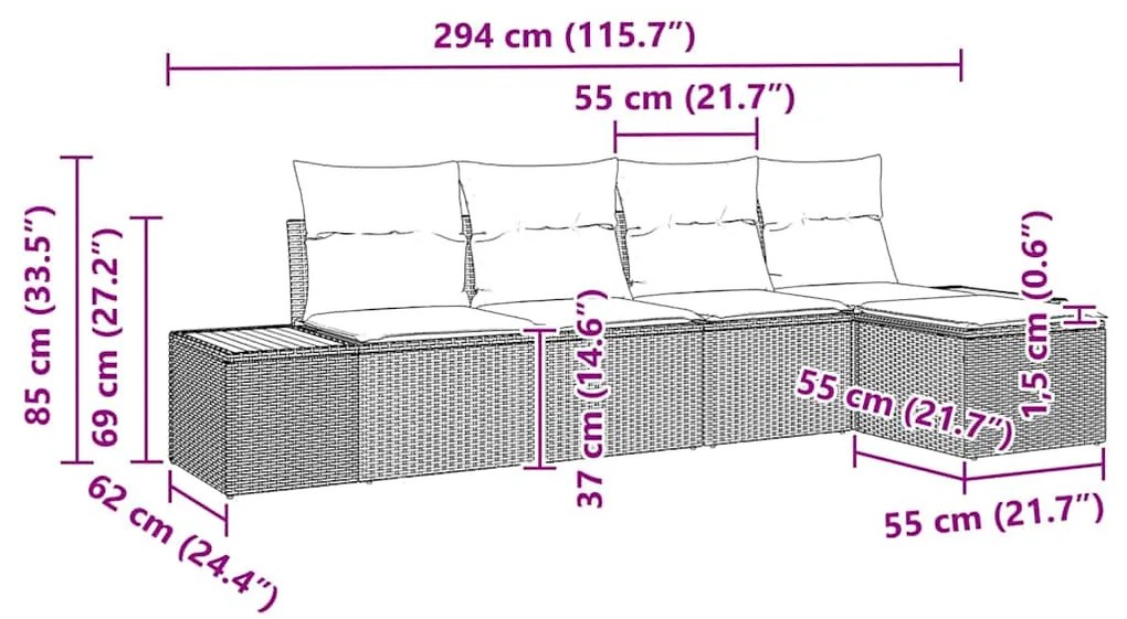 Conjunto de Sofá de Jardim de 5 Peças com Almofadas Bege Rattan Poliet
