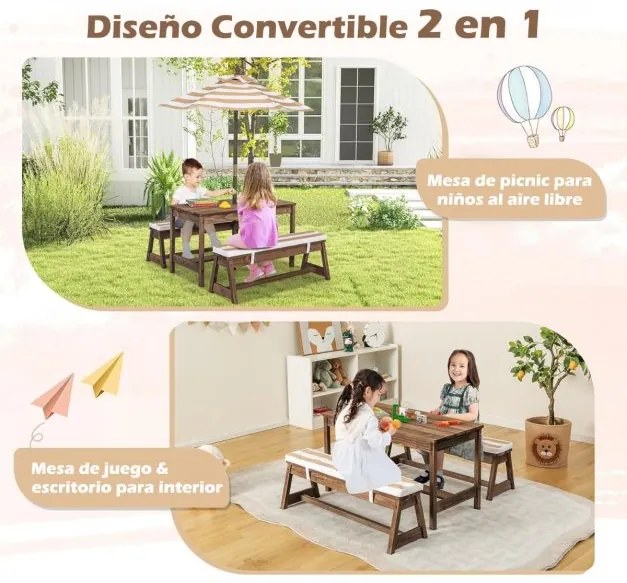 Mesa de piquenique infantil com guarda-sol Conjunto de mesa e banco de madeira com almofadas para exterior, jardim e pátio Castanho