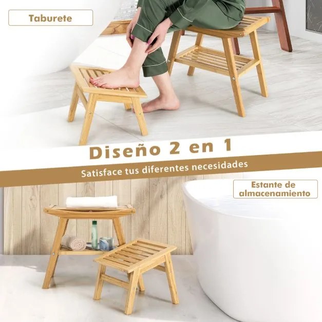 Conjunto de banco de duche e apoio para os pés em bambu Banco de casa de banho com prateleira inferior Assento de duche sólido 52 x 29 x 44 cm Natural