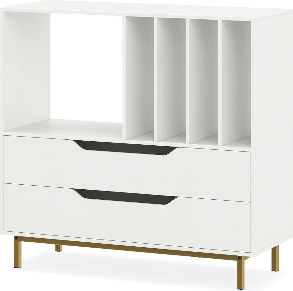 Suporte para gira-discos e para discos de vinil 91 x 36 x 87 cm com compartimento aberto 4 prateleiras e 2 gavetas e pés de metal branco