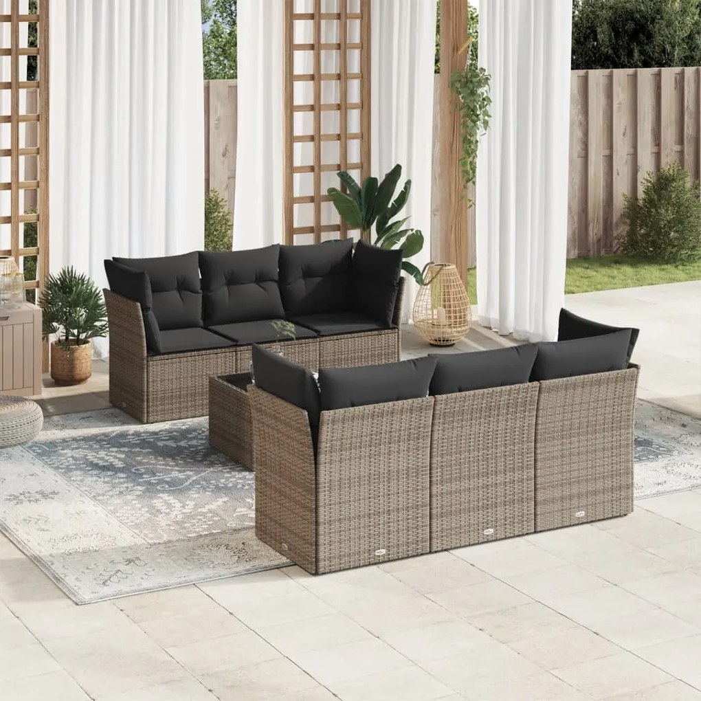 7 pcs conjunto sofás p/ jardim c/ almofadões vime PE cinzento