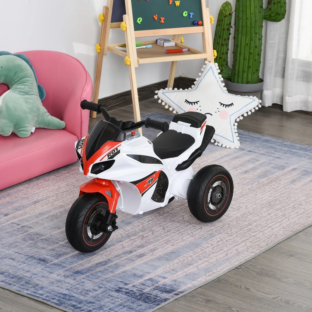 Andarilho de brincar para crianças em forma de moto de corrida, com efeitos musicais e luminosos, e porta-bagagens, vermelho e branco