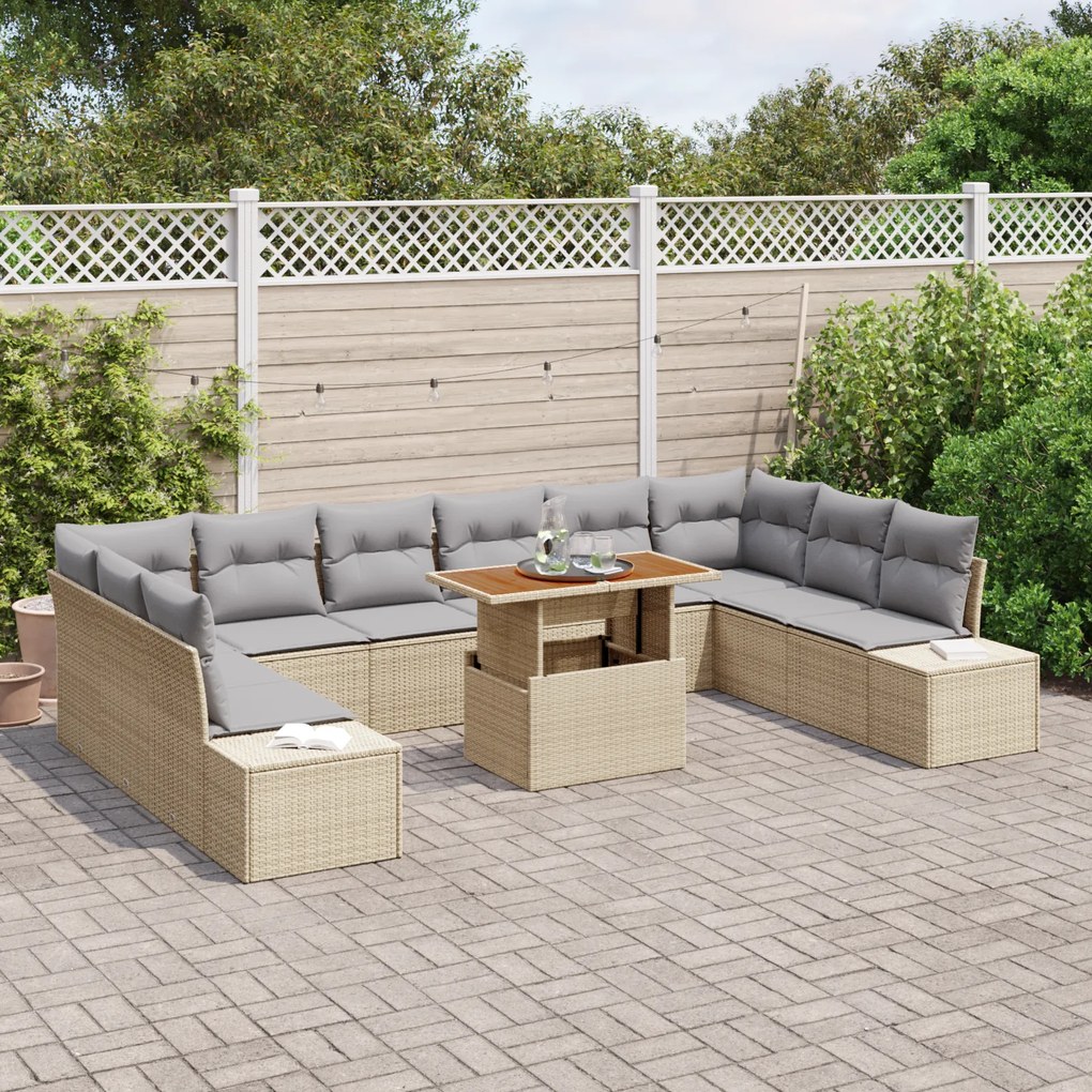 Conjunto de Sofá de Jardim com Almofadas 11 Peças Bege Rattan Poliéste