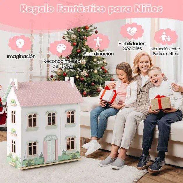 Casa de bonecas de madeira para crianças 3 níveis com tectos de duas faces Casa dos sonhos para brincar com a imaginação, com mobília e acessórios Ros