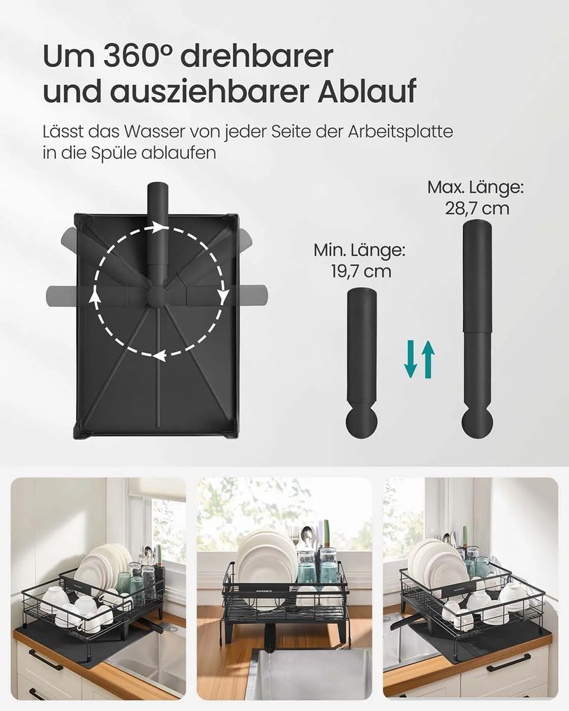 Escorredor de louça com tapete de silicone e ralo (31-56) x 42 x 20 cm preto