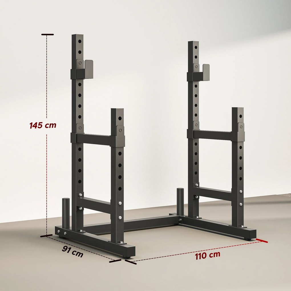 Suporte Ajustável para Barras de Pesas (NÃO INCLUIDOS) com Segurança Reforçada Carga até 300 kg Altura Regulável 48-135/45-85 cm Preto