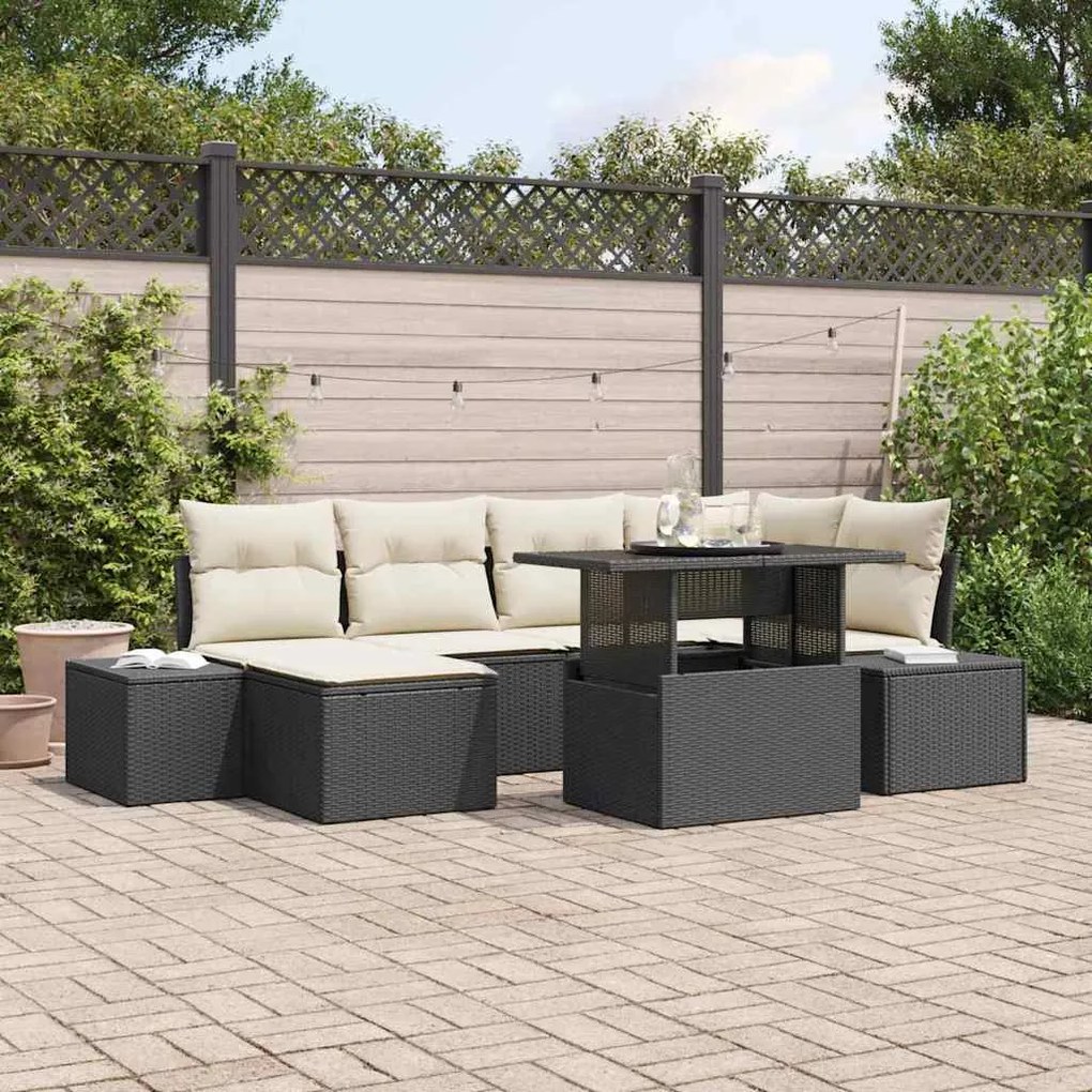 vidaXL Conjunto de Sofá de Jardim de 7 Peças com Almofadas Preto de Rattan Sintético