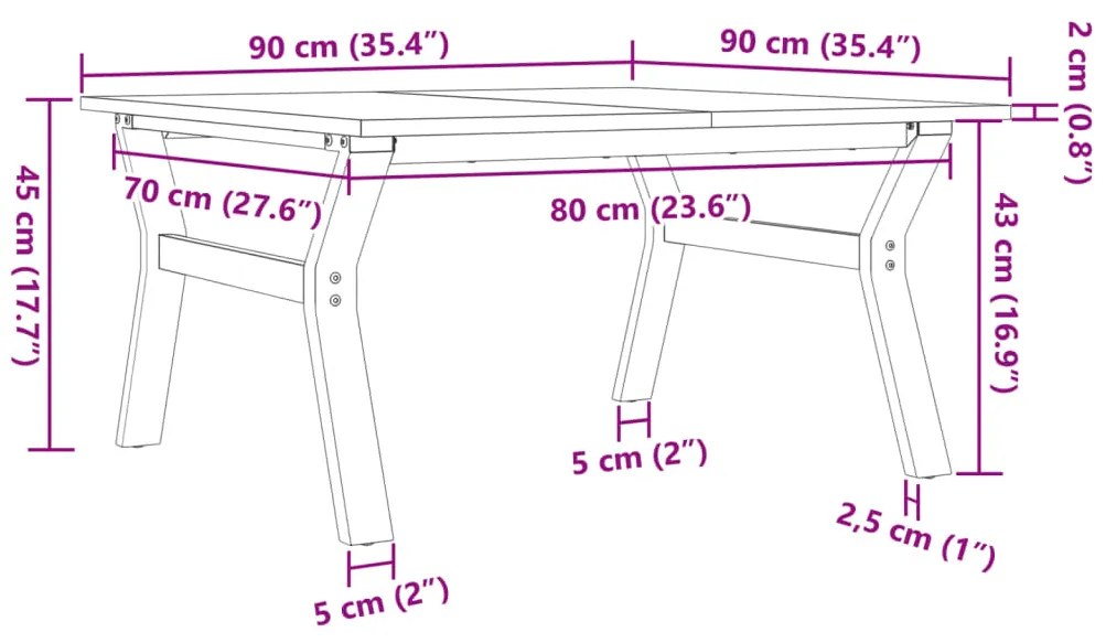 Mesa de centro estrutura em Y 90x90x45 cm pinho e ferro fundido