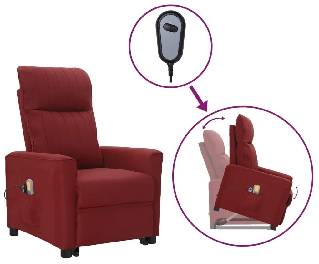 vidaXL Poltrona elevatória de massagens tecido vermelho tinto